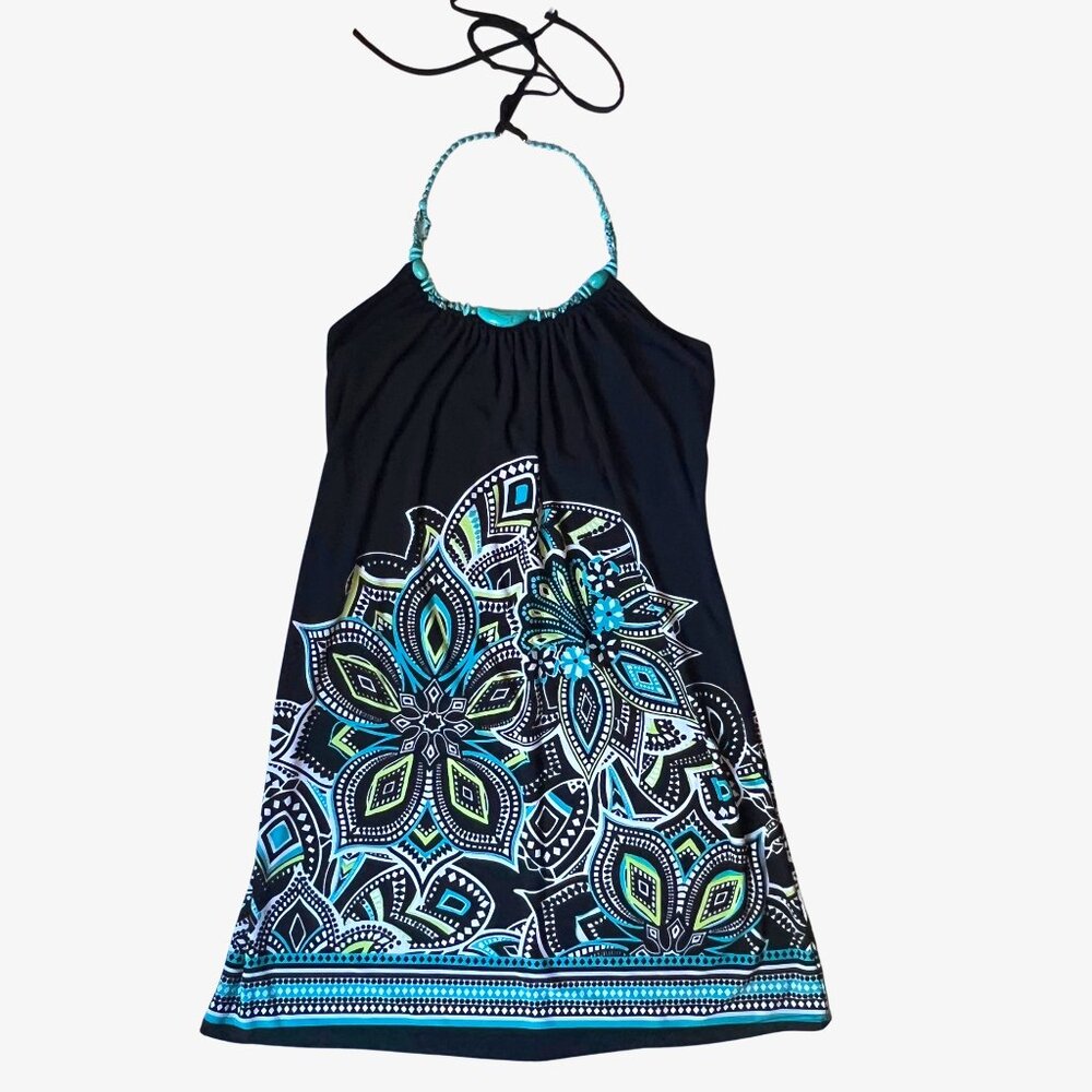 B. Darlin Black Halter Dress with Turquoise Beaded Neckline – Size 3/4